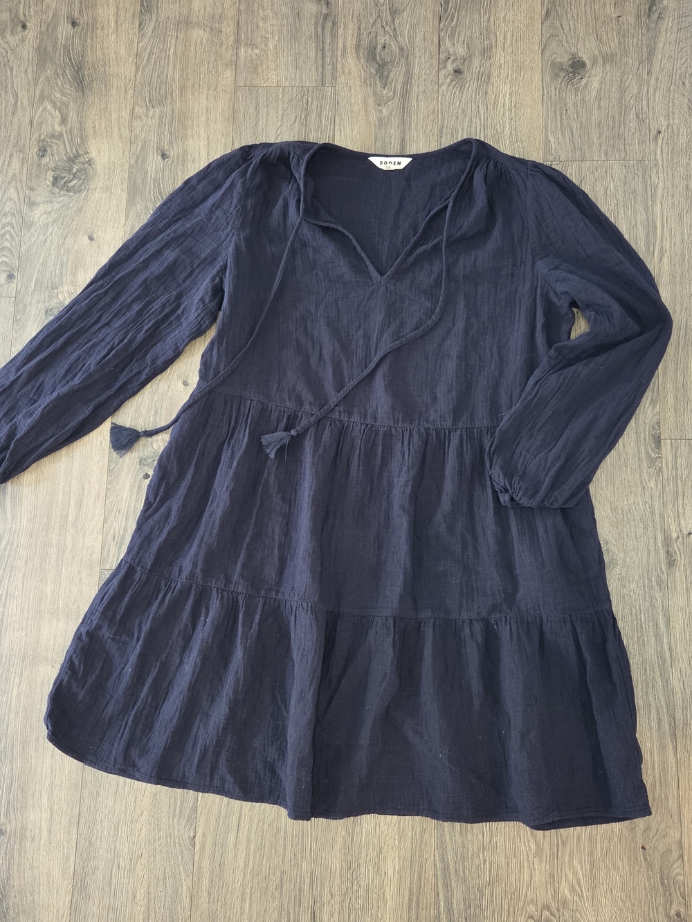 Boden Navy Long-Sleeve Tiered Peasant Dress